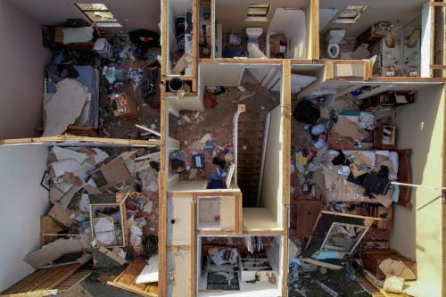 An aerial view of a home without a roof in the aftermath of a tornado, after a monster storm system tore through the South and Midwest in Little Rock, Arkansas, U.S. April 2, 2023.